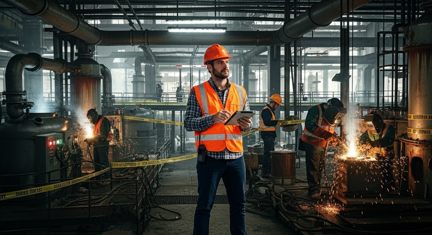 위험물 안전관리자가 현장에서 작업자들을 확인하는 장면