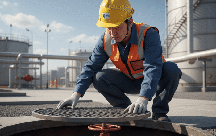 유수분리조 인접 밸브를 확인하는 안전관리자