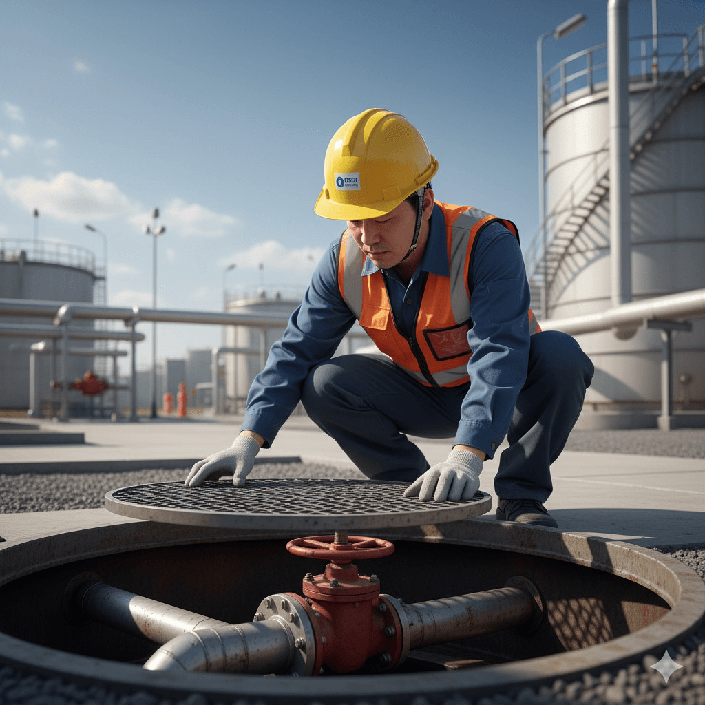 유수분리조 인접 밸브를 확인하는 안전관리자